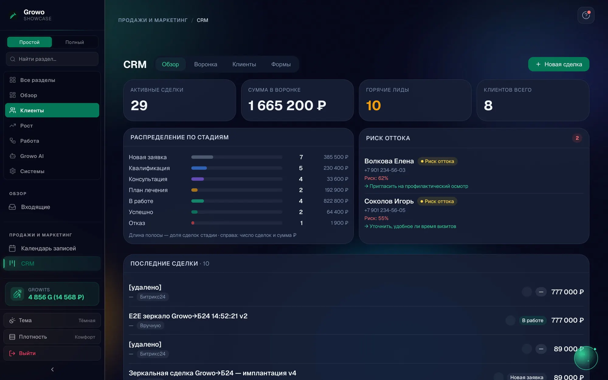 CRM Growo: канбан-доска сделок по стадиям с суммами